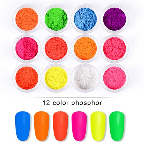 NEW 12 COLOURS NEON PIGMENT NAILS POWDER DUST OMBRE PHOSPHOR FLUORESCENT GLOWING