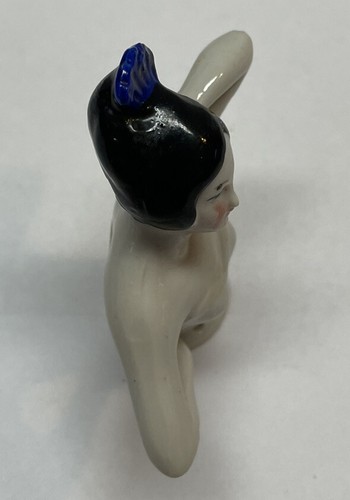Vintage German Porcelain Pin Cushion Half Doll Black Hair w/ Blue Clip 3" Tall  - Picture 5 of 8