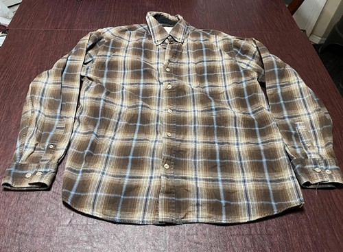 Camicia vintage resistente alle intemperie uomo XL marrone blu a quadri bottoni casual morbida - Foto 1 di 7