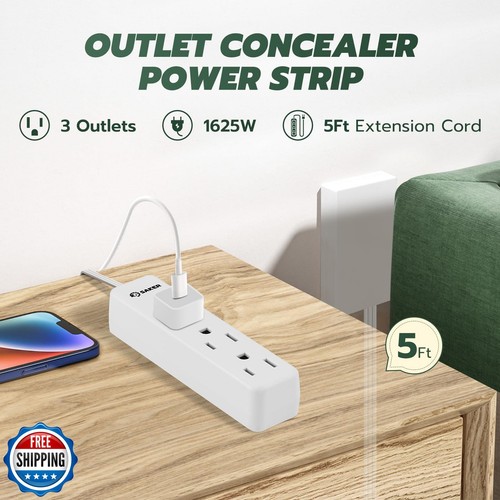 Saker Outlet Concealer Power Strip | 5ft Flat Plug Extension Cord with 3 Outl - Bild 3 von 5