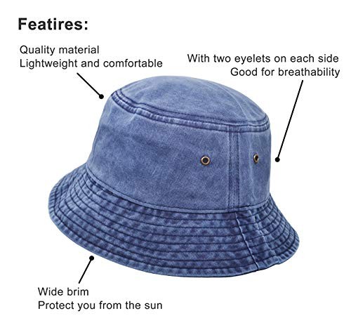 Bucket Hat, Wide Brim Washed Denim Cotton Outdoor Sun Hat Flat Top Cap for - Foto 3 di 6