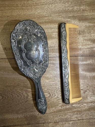 Vintage Vanity Set Silver Plate Hand Mirror Brush Comb 2 Piece Ornate Floral Set - Picture 4 of 4