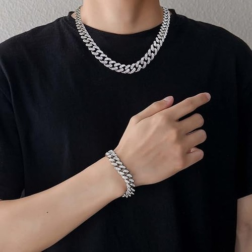 Men’s Cuban Link Chain & Bracelet Set, Silver Iced Out Diamond Hip Hop Jewelry
