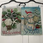 Set Of 2 GARDEN FLAGS, WELCOME with SHELLS/EVERGREEN & SNOWMAN ON BEACH 12x18