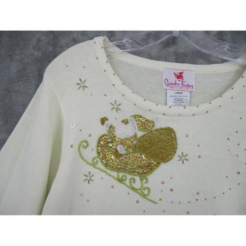 Quacker Factory Sweater Womens Large Santa Beaded Art to Wear Christmas Jumper - Picture 5 of 8