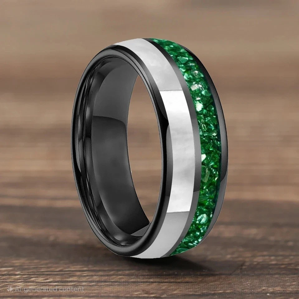 Anillo de carburo de tungsteno de 6/8 mm banda de cristal verde y madreperla banda de anillo Foto 4 de 4