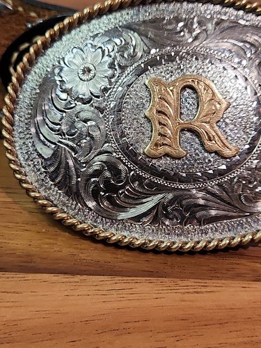 Montana Silversmiths Buckle Inital R Vintage With Original belt 2 Tone W/gold - Picture 8 of 9