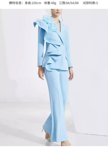 Conjunto de traje azul para mujer otoño nuevo con volantes calce ajustado pantalones de pierna ancha conjuntos de dos piezas - Imagen 9 de 17