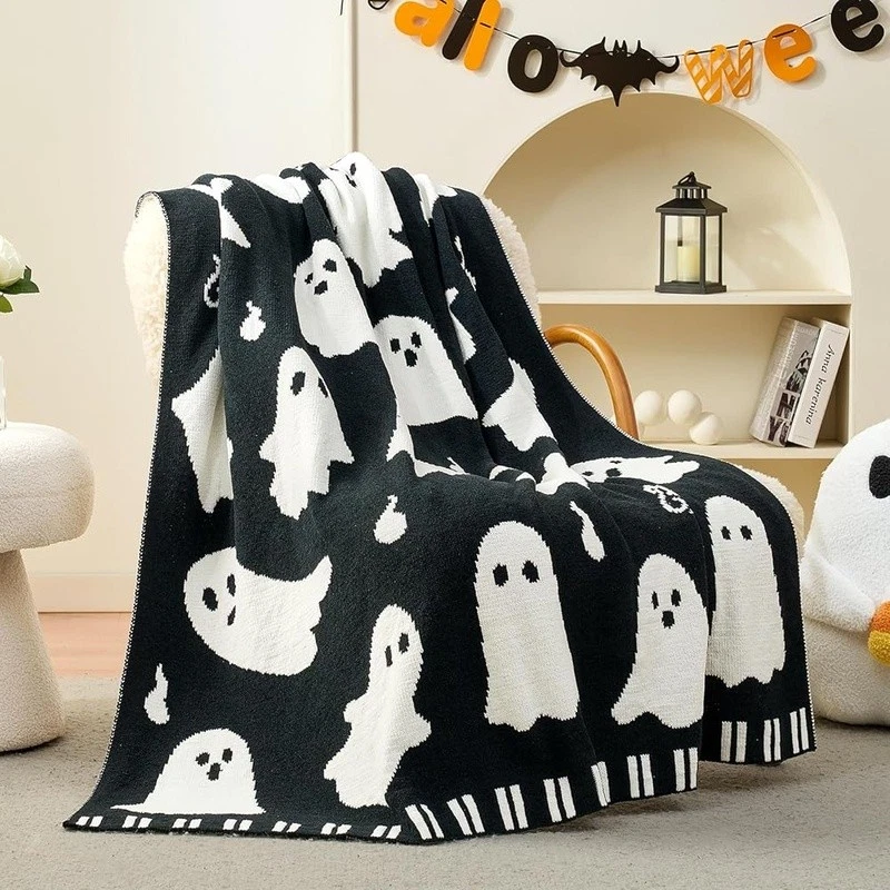 Chenille Throw Blanket with Ghost Pattern, Soft and Warm Lightweight Gift