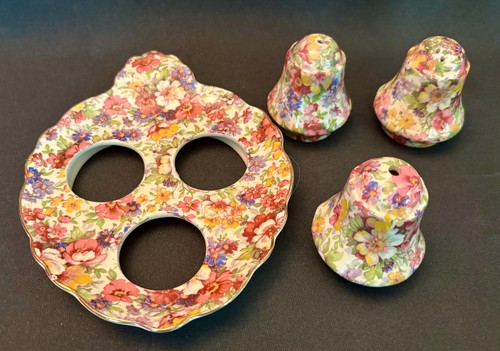 RAR 4 Stück Vintage James Kent DU BARRY GEWÜRZSET Tablett, Shaker Chintz China - Bild 4 von 7