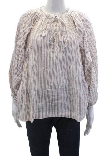 Daughters Of India Damen Bluse Baumwolle gestreift Ausschnitt Bindedetail weiß Größe M