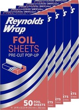 Reynolds Wrap Pre-Cut Pop-Up Aluminum Foil Sheets, 14 x 50 Sheets Pack of 5 