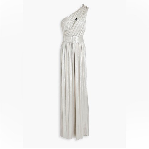 Retrofete Platinum Andrea One Shoulder Plissee Metallic Jerseykleid Small - Bild 3 von 14