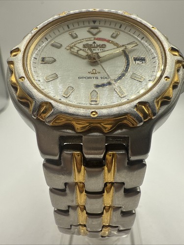 Seiko Kinetic Two Tone Silver + Gold Sport 100 5M42-0809 Men’s Wrist Watch-Runs - Picture 5 of 24