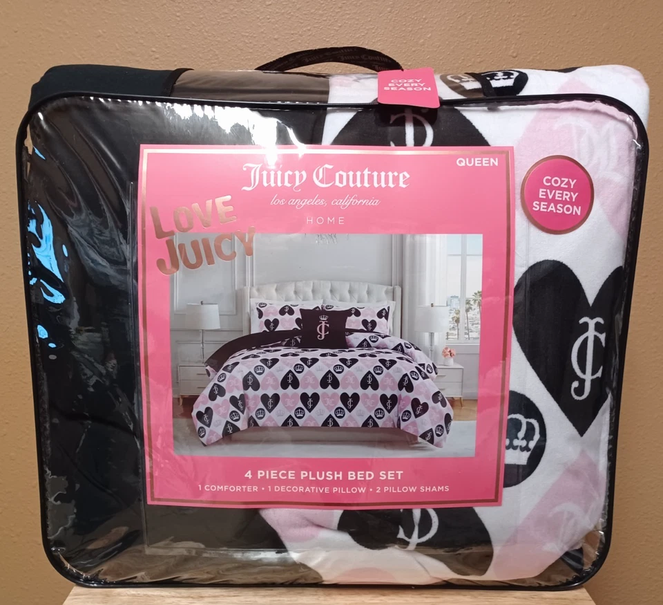 Conjunto de edredom rainha Juicy Couture pelúcia 4 peças corações, coroas, logotipos JC macio e aconchegante - Imagem 3 de 4