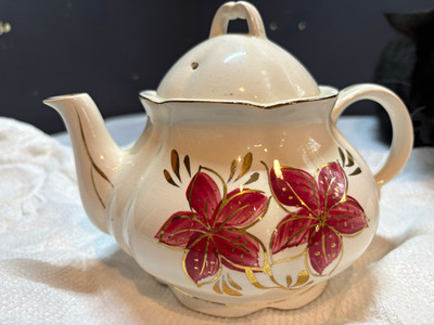 Vintage Japanese White Ceramic Floral Teapot w/ Lid, Flowers & Gold Trim, Glossy