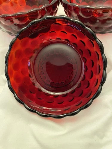 Vintage Anchor Hocking Royal Ruby Red Bubble Glass Set Of 5 Berry Bowls