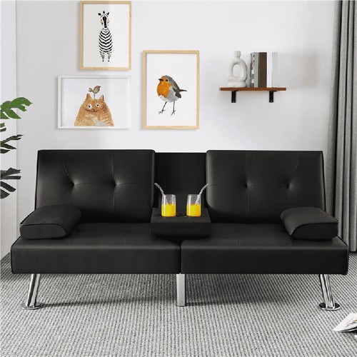 Modern Faux Leather Futon Sofa Bed Convertible Folding Couch w/Cup Holders,Black - Picture 7 of 12