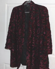 Women's MING WANG Black/Burgundy Open Front Cardigan Burnout Velvet Size XL