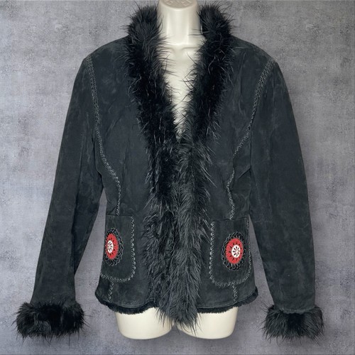 Cripple Creek Black Suede Fur Penny Lane Jacket Womens M Beading Aztec Western - Picture 6 of 11
