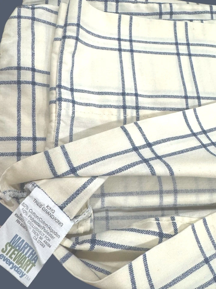 Juego de Funda de Almohada Martha Stewart Vintage Talla King Crema y Azul Mezcla de Algodón a Cuadros Foto 3 de 4