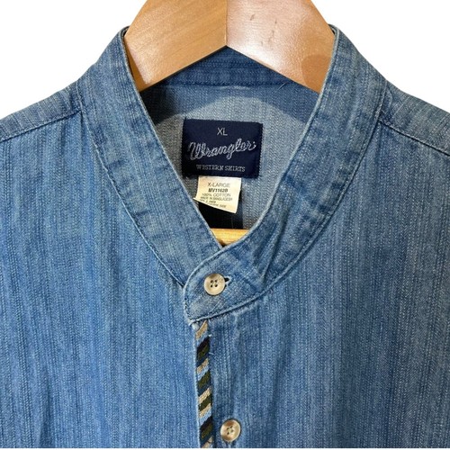 Vintage Wrangler Denim Western Shirt XL Band Collar Chambray Cowboy Workwear - Picture 3 of 6