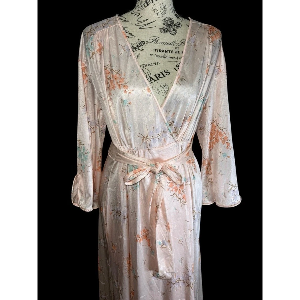 Maxi Camisón Floral Satinado Melocotón GRANDE De Colección KOMAR Negligee Peignoir Foto 3 de 4