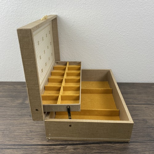 Vintage Mele 2 Tier Jewelry Box Faux Tan Leather Gold Velvet Lining Colonial MCM - Picture 14 of 18