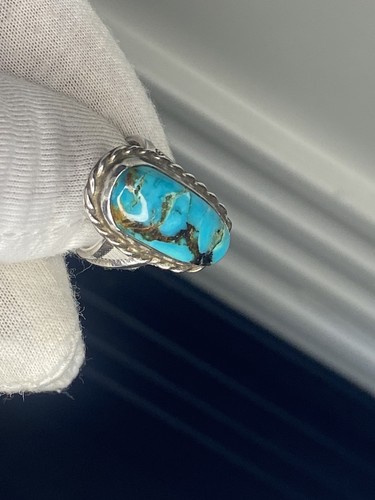 Anello Navajo vintage fatto a mano lungo ovale blu turchese gambo diviso misura 5 - Foto 9 di 17