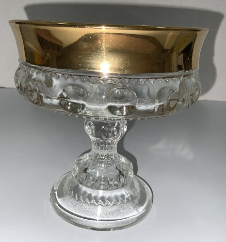 Kings Crown Thumbprint Gold Overlay 3 MOLD 5 1/8" Pedestal Bowl Glass Candy Dish