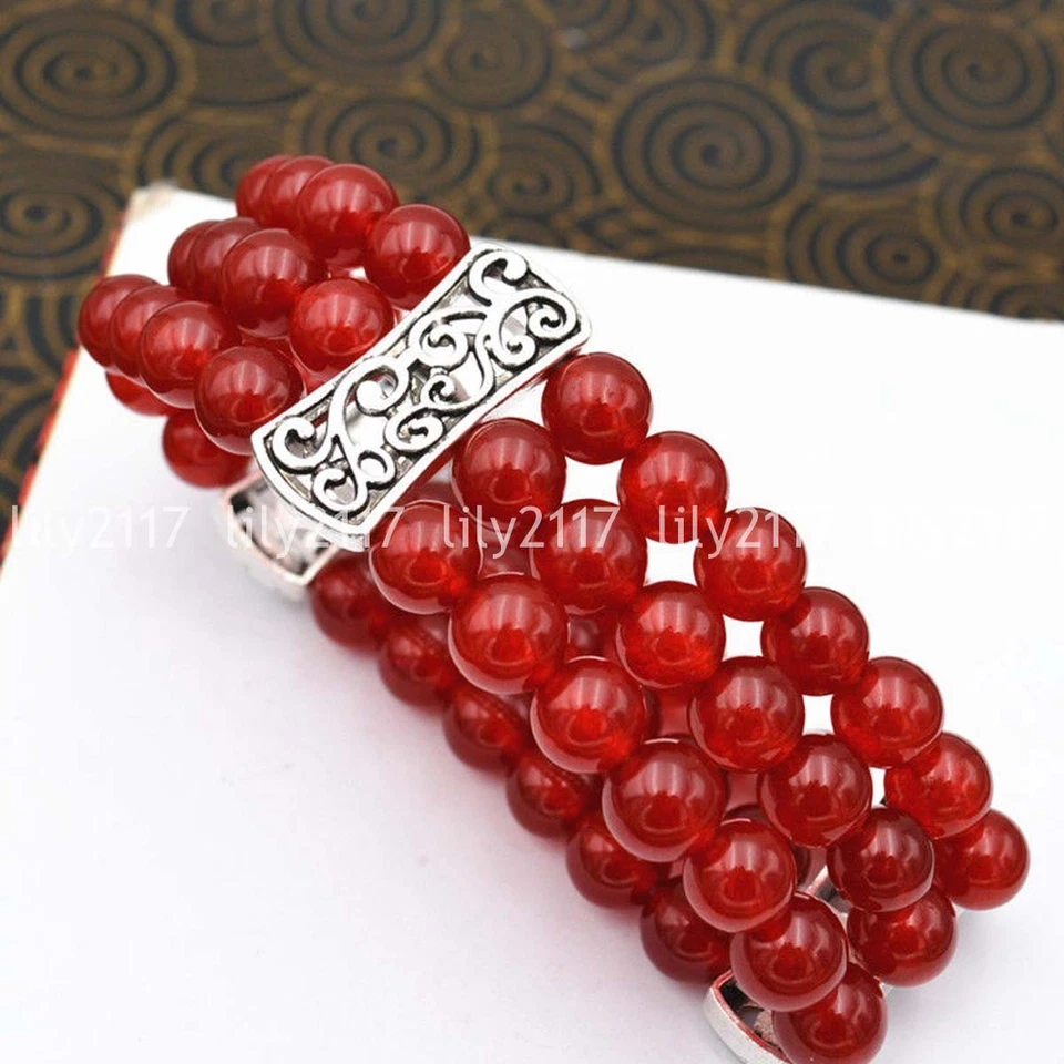 Brazalete Natural 3 Filas 8mm Cuentas de Jade Rojo Elastizado Plata Tibetana Gemas 7.5"" AAA Foto 3 de 4
