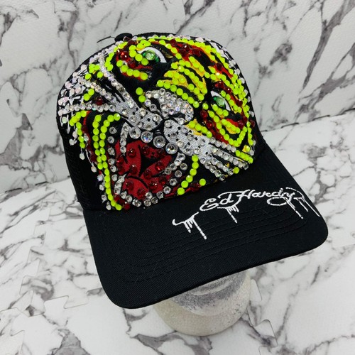 Sombrero de camionero Ed Hardy Tiger negro | verde lima | rojo estrás nuevo con etiquetas - Imagen 6 de 9