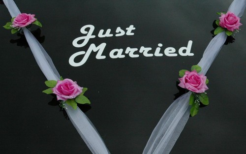 JUST MARRIED Autoschmuck Braut Paar Rose Deko Dekoration Hochzeit Autodeko Ratan - Bild 31 von 38