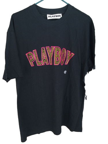 Playboy by Pacsun Mens Black Graphic T-Shirt Size Large Embroidered Jeweled Logo
