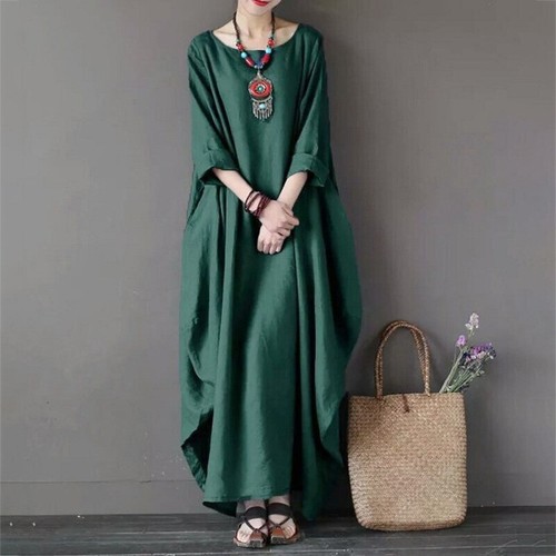 Damen Ethno Stil Baumwolle Leinen 3/4 Ärmel Maxikleid Oversize Locker Langes Kleid - Bild 14 von 20