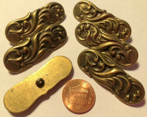 6 Large Antiqued Brass Tone Metal Shank Coat Buttons Tulip 1 3/4" 44mm Long 9517