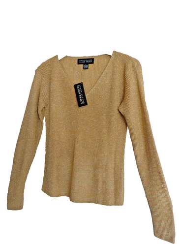 Ellen Tracy Linda Allard Gold  Metallic Sweater V-Neck New Medium Beautiful! - Picture 4 of 5