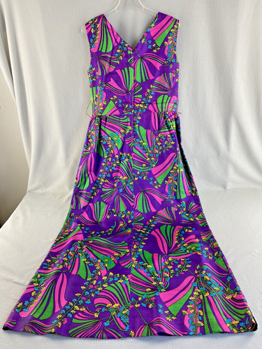 Vintage 70s Faux Wrap Maxi Dress With Belt Purple Mod Floral Sleeveless 36" Bust - Picture 6 of 12