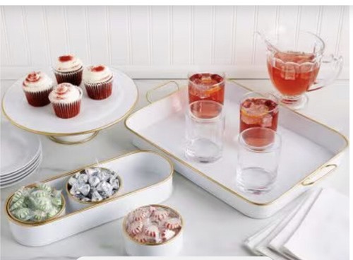 White Metal With Gold Trim Serving Tray - Picture 1 of 3