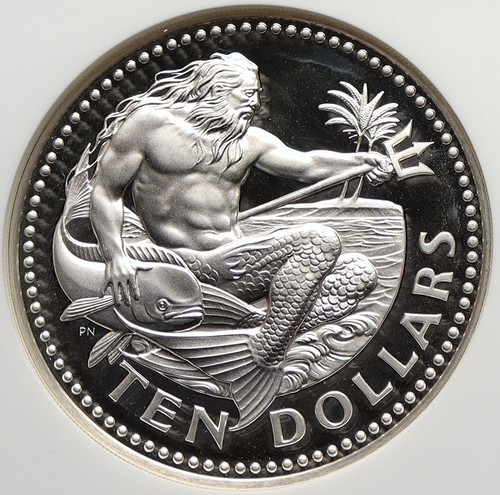1975 BARBADOS Huge Old Genuine Proof Silver 10 Dollars Coin NEPTUNE NGC i106347 - Picture 1 of 5