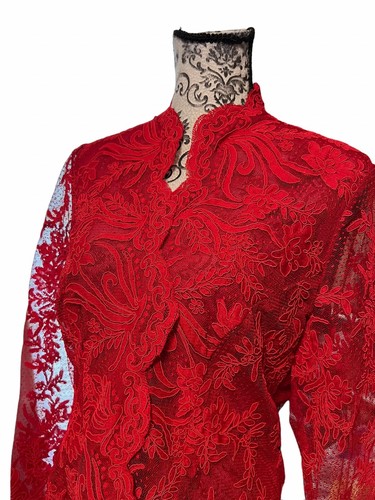 Victor Costa Damengröße 12 rot gefüttert Spitze Druckknopfleiste Bluse transparente Ärmel - Bild 7 von 11