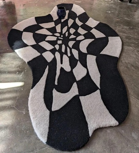 Alfombra hecha a mano 100 % lana acolchada a mano en blanco y negro, forma irregular 4X6 6X9 pies - Imagen 2 de 8