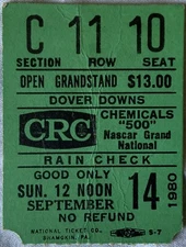 1980 Dover Downs CRC 500 Ticket Stub NASCAR - Darrell Waltrip’s 17th win