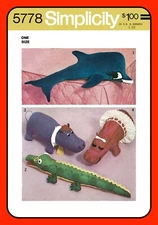 Large Stuffed Animal Pattern DOLPHIN Alligator HIPPO Simplicity 5778 Vtg 1973