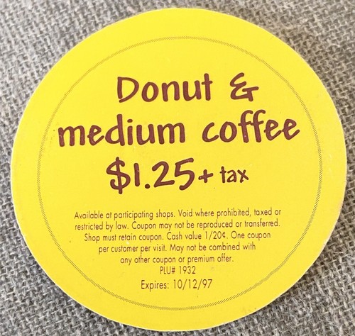 1997 Cardboard Coin: Dunkin Donuts “Fred” $1.25 Donut & Medium Coffee - Picture 2 of 2
