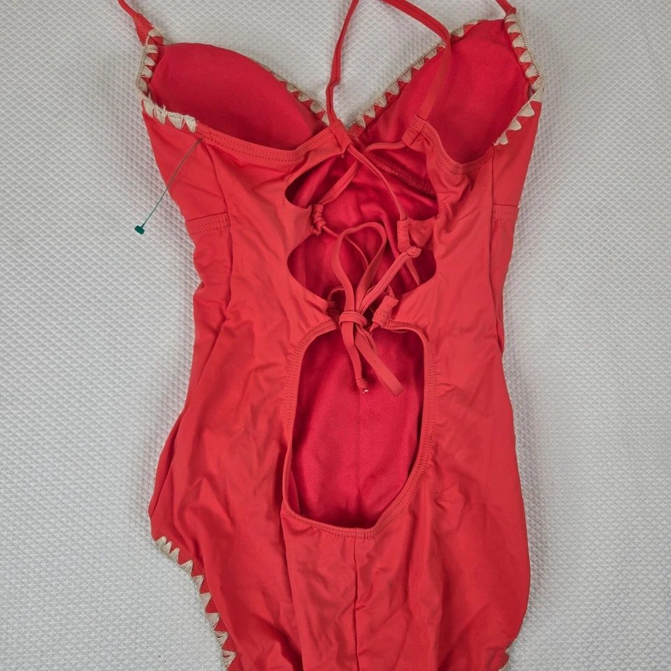 Traje de baño de una pieza Lucky Brand espalda cruzada coral naranja para mujer talla pequeña Foto 2 de 4