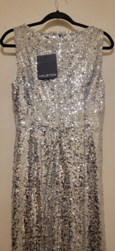 Halston Sequined Draped Slit Evening Gown Silver Sz Small ( Sz 4/6) - Picture 2 of 9