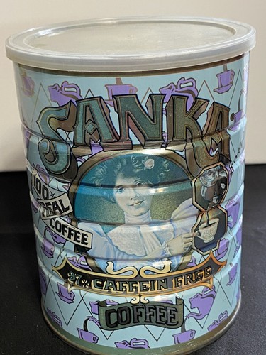 Tapa de lata de café SANKA 1981 General Foods vacía sin cafeína dama victoriana - Imagen 1 de 8