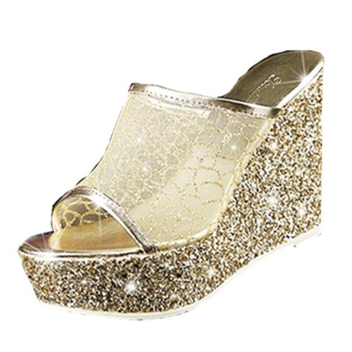 Women's Summer Mesh Sequins Open Toe Pull On High Wedge Platform Shoes Sandals - Bild 13 von 14