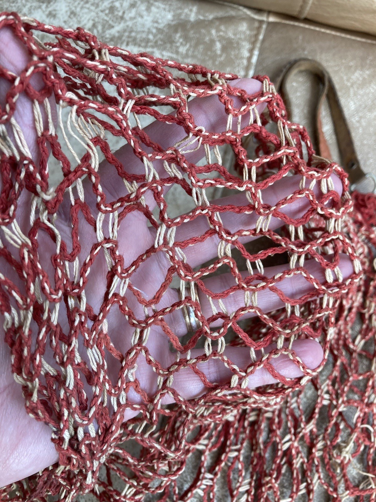 Traditional Vintage String Bag With Leather Handles Original Shopping